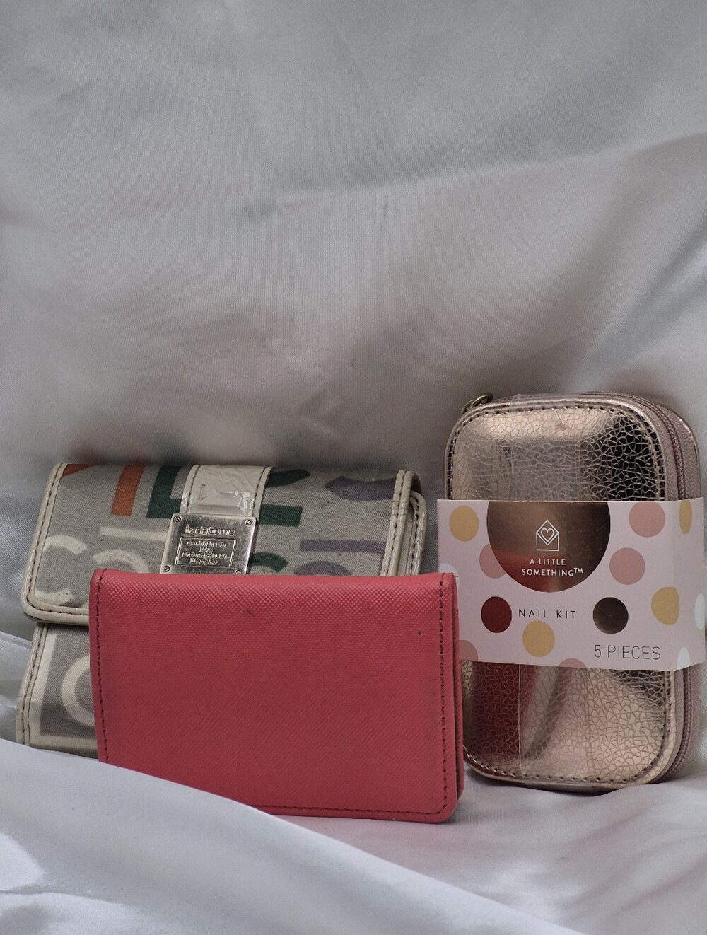 Liz Claiborne Trifold Wallet.   A  Nail Kit and Pink Card Holder. A Smalls Lot
